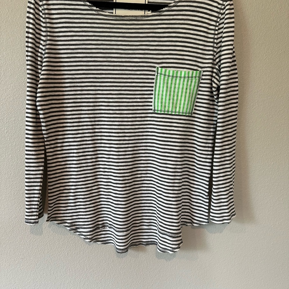 Claeson Women's Striped 3/4 Sleeve Tee Raw Trim Colorblock Black White Green XL